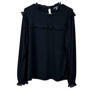 Karl Lagerfeld Blouse Women's Size Large Black with Ruffle‎ Trim/Sleeve  EUC